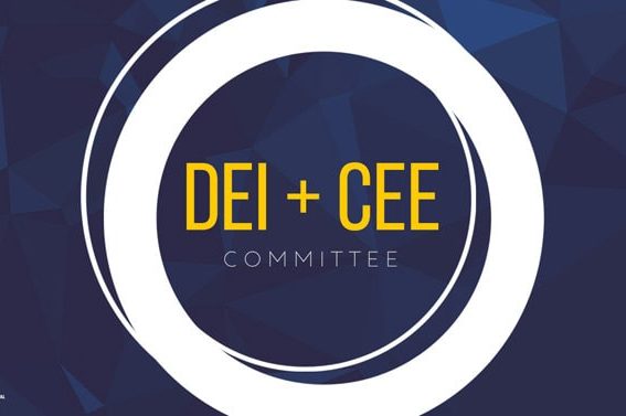 A graphic image of a circle, inside which is written "DEI + CEE Committee."