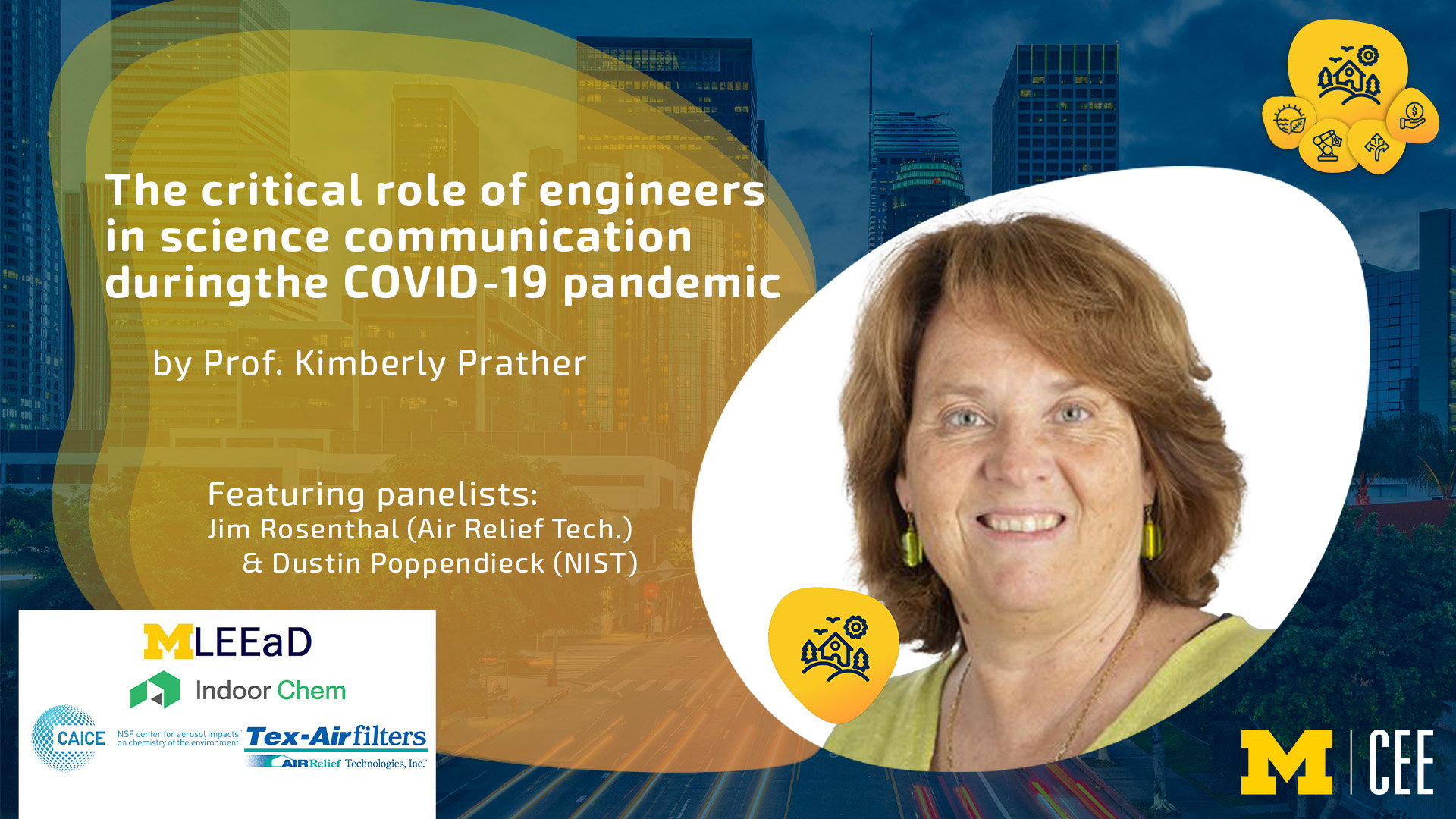 Prof. Kim Prather discusses "The role of engineers in science communication during the Covid-19 pandemic" in a January 31 webinar. Dr. Prather is shown with the Human Habitat Experience logo and the sponsors of the webinar.