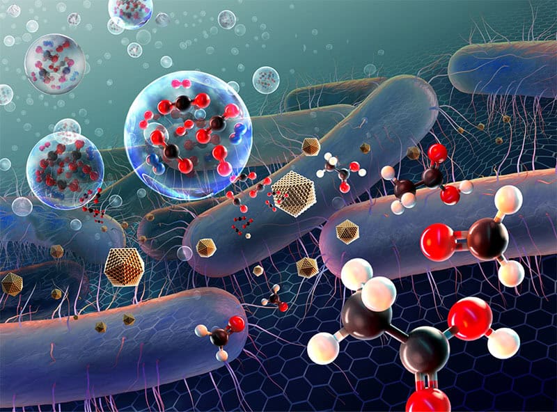 Artistic rendering of waste CO2 gas streams being upgraded to valuable chemicals by metal nanoparticles or electroactive microbes. Image credit: SayoStudio