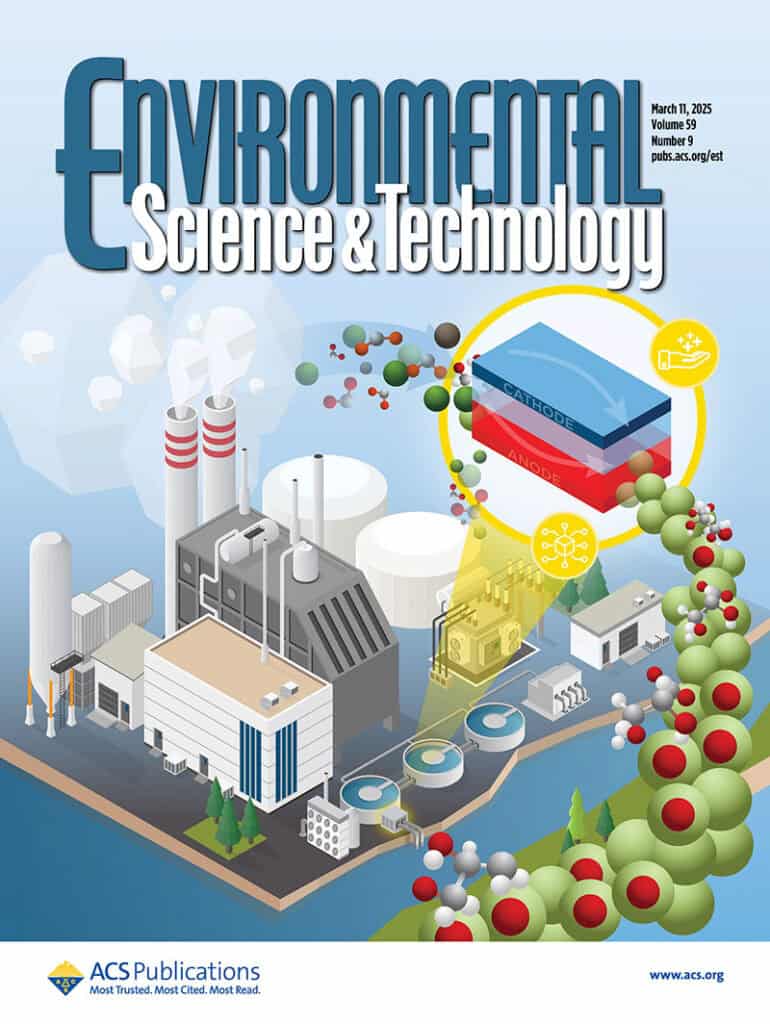 The March 2025 cover of the journal, Environmental Science and Technology by American Chemical Society Publications: A bird’s eye view graphic of a biodiesel refinery emitting white exhaust. A cutout zooms into a small building on the refinery’s side that houses the electrochemical method. Molecules from the exhaust and wastewater go into an electrochemical device containing a cathode and anode and go out the other side as a new molecule.